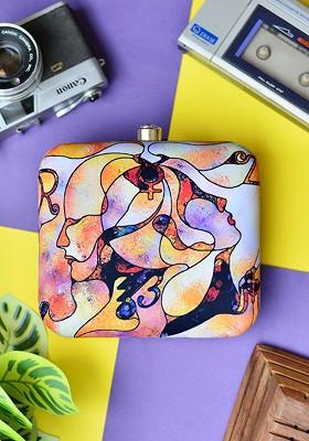 Blue Fabric Blue And Orange Printed Box Clutch