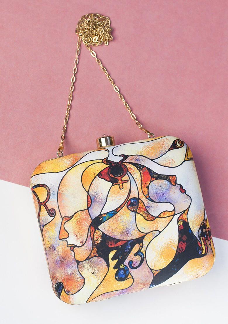 Blue Fabric Blue And Orange Printed Box Clutch - Indya