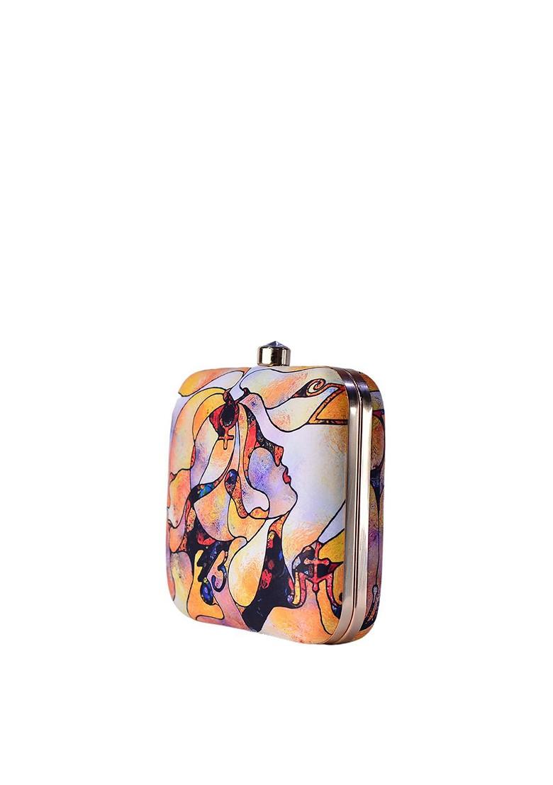 Blue Fabric Blue And Orange Printed Box Clutch - Indya