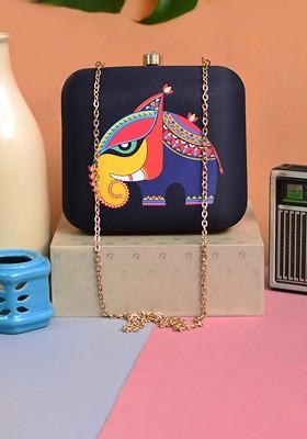 Black Fabric Black And Blue Elephant Printed Box Clutch