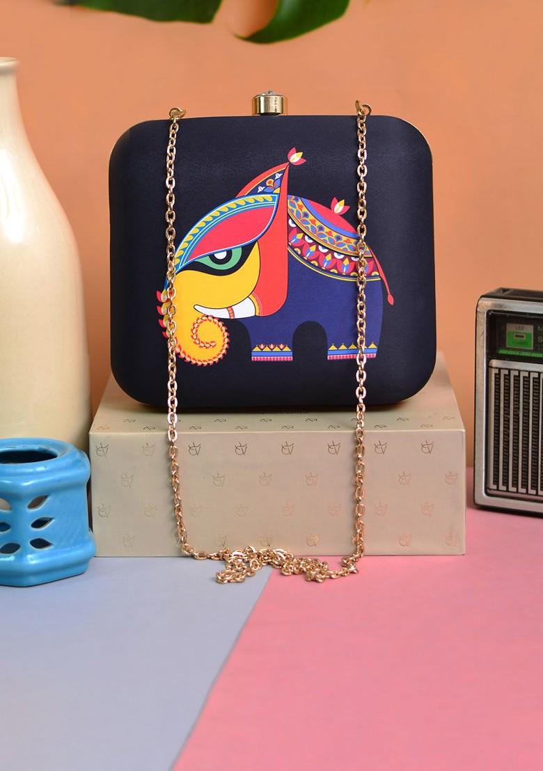 Black Fabric Black And Blue Elephant Printed Box Clutch - Indya