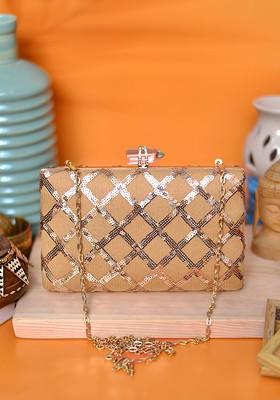 Cream Satin Cream Coloured And Gold Toned Embellished Box Clutch