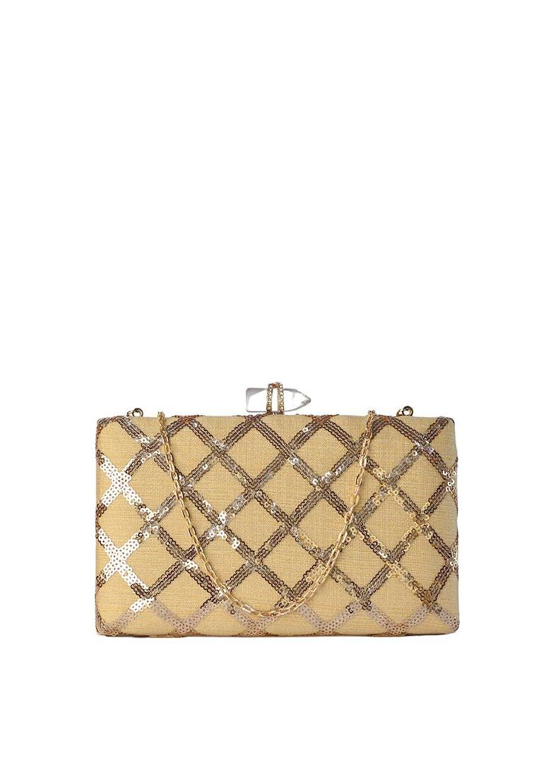 Cream Satin Cream Coloured And Gold Toned Embellished Box Clutch - Indya