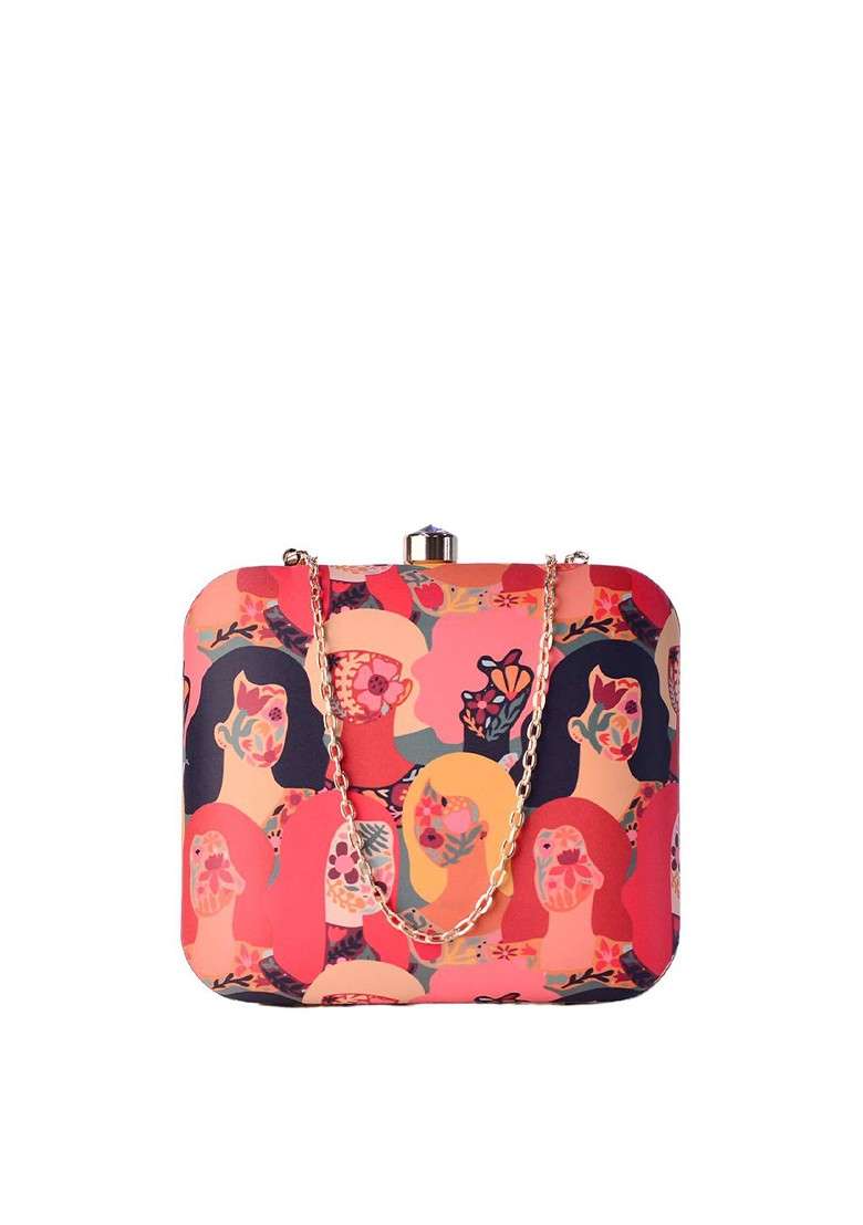 Red Fabric Women Red And Black Printed Box Clutch - Indya