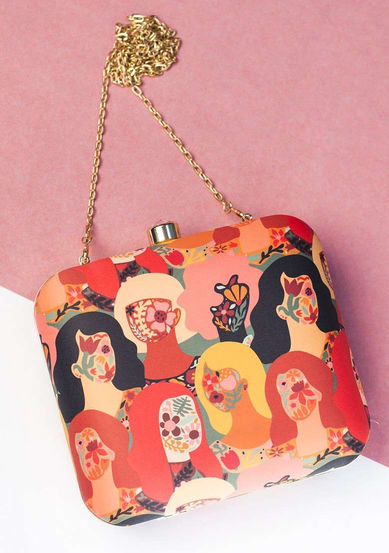 Red Fabric Women Red And Black Printed Box Clutch - Indya