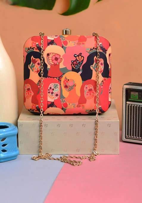 Red Fabric Women Red And Black Printed Box Clutch