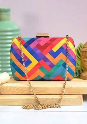 Multi Fabric Multicoloured Printed Box Clutch