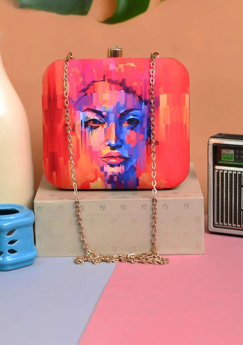 Red Fabric Red And Blue Printed Box Clutch - Indya