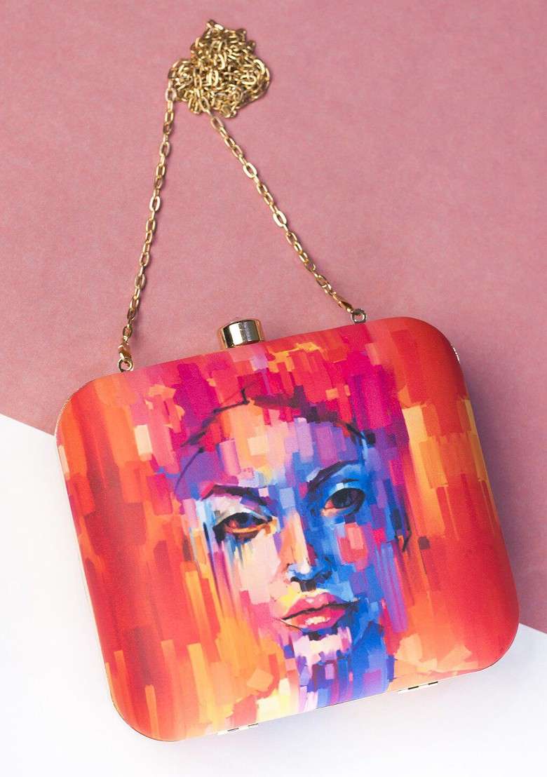 Red Fabric Red And Blue Printed Box Clutch - Indya