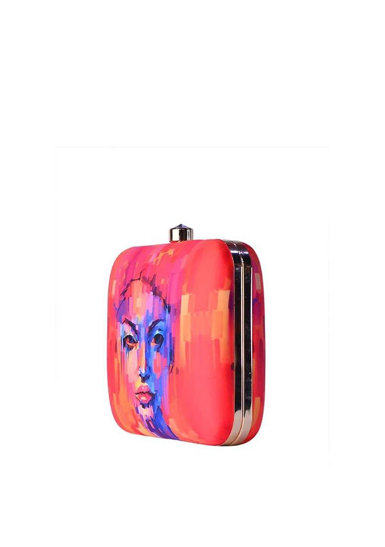 Red Fabric Red And Blue Printed Box Clutch - Indya