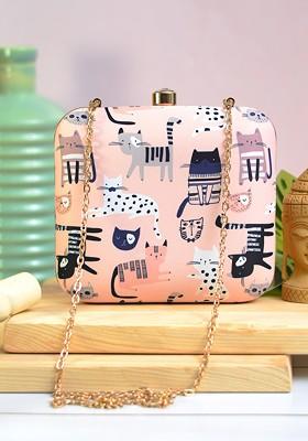 Pink Fabric Pink And White Printed Box Clutch