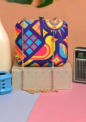 Multi Fabric Multicoloured Printed Box Clutch