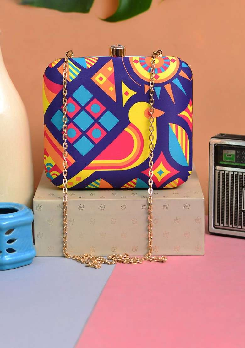Multi Fabric Multicoloured Printed Box Clutch - Indya