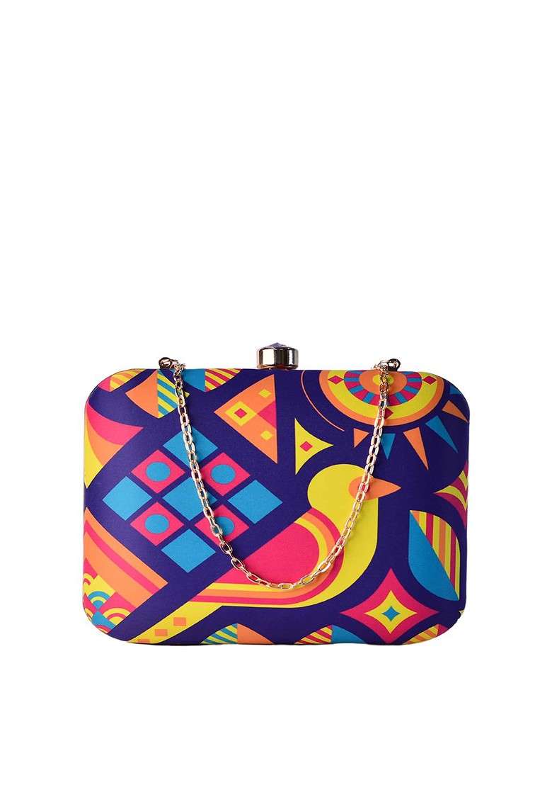 Multi Fabric Multicoloured Printed Box Clutch - Indya
