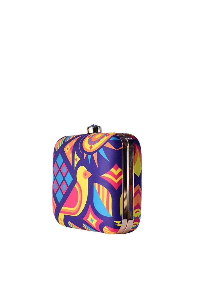 Multi Fabric Multicoloured Printed Box Clutch - Indya
