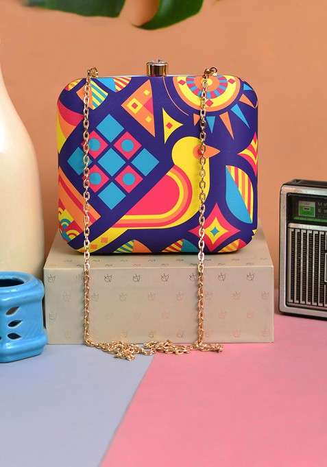 Multi Fabric Multicoloured Printed Box Clutch