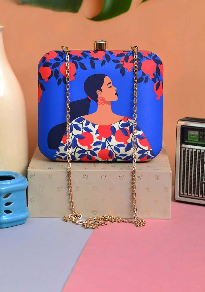 Blue Fabric Blue And Red Printed Box Clutch - Indya