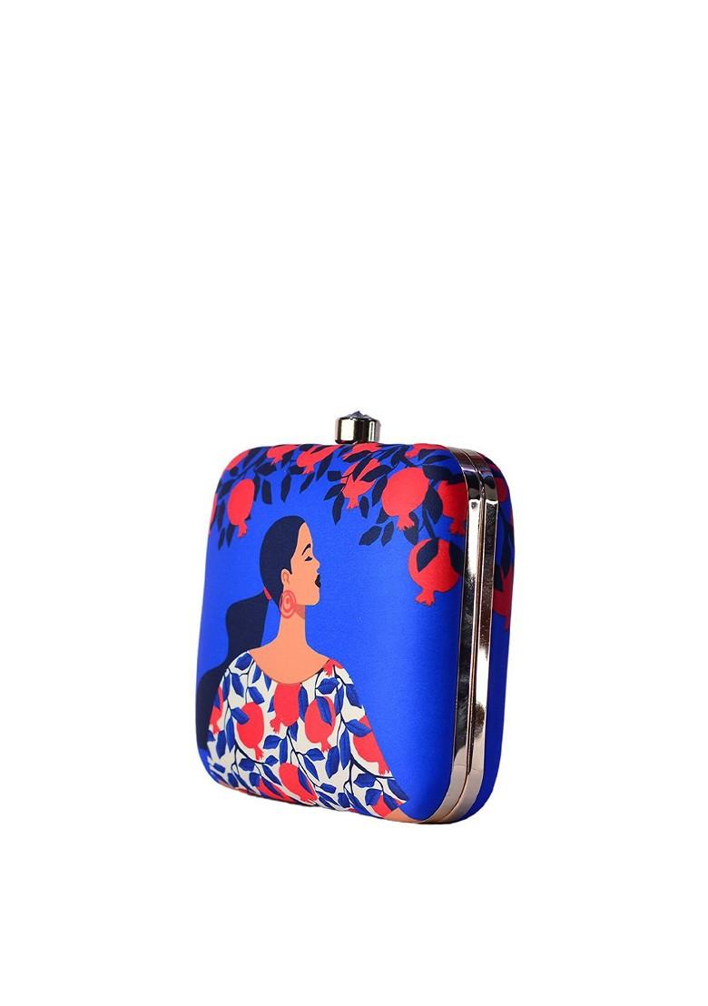 Blue Fabric Blue And Red Printed Box Clutch - Indya