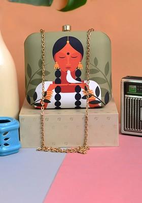 Green Fabric Green And Brown Printed Box Clutch