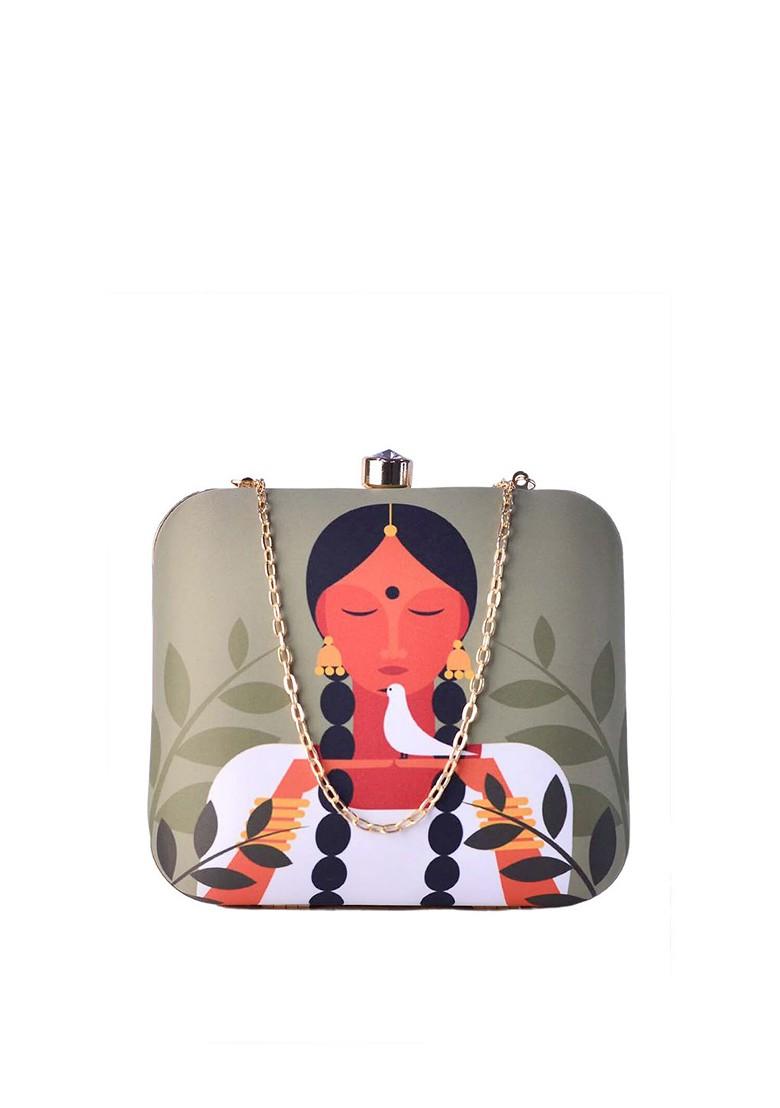Green Fabric Green And Brown Printed Box Clutch - Indya