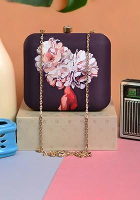 Grey Fabric Grey And White Flower Printed Box Clutch