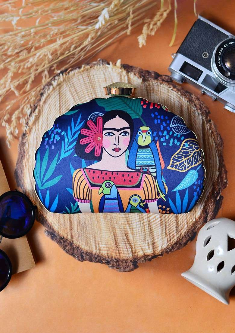 Blue Fabric Blue And Orange Printed Box Clutch - Indya