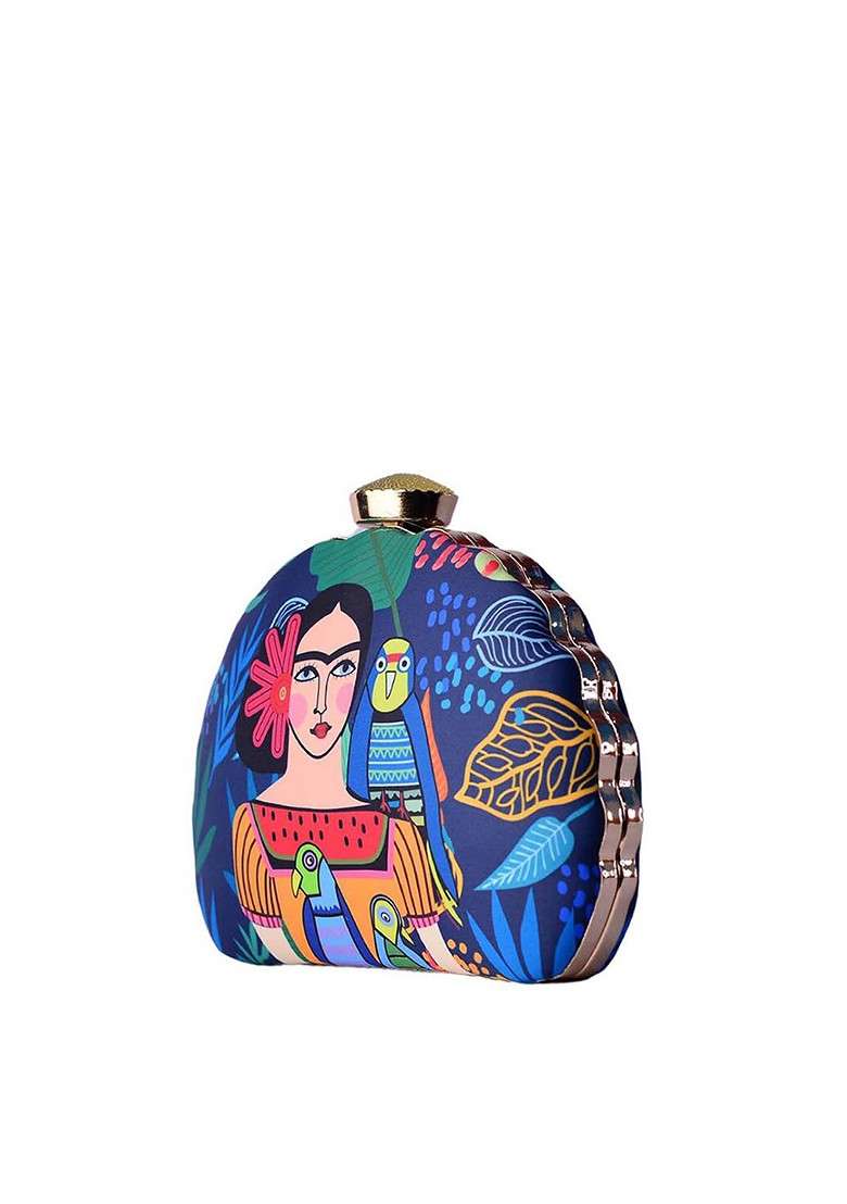 Blue Fabric Blue And Orange Printed Box Clutch - Indya
