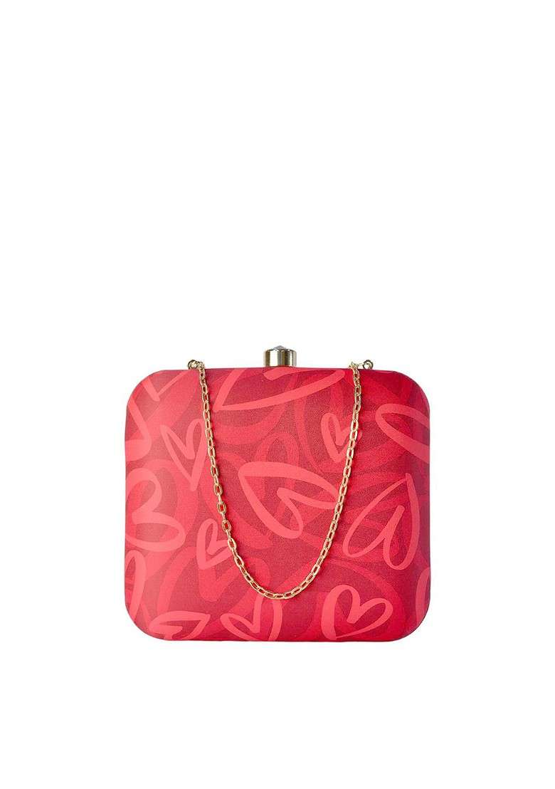 Red Fabric Red Printed Box Clutch - Indya