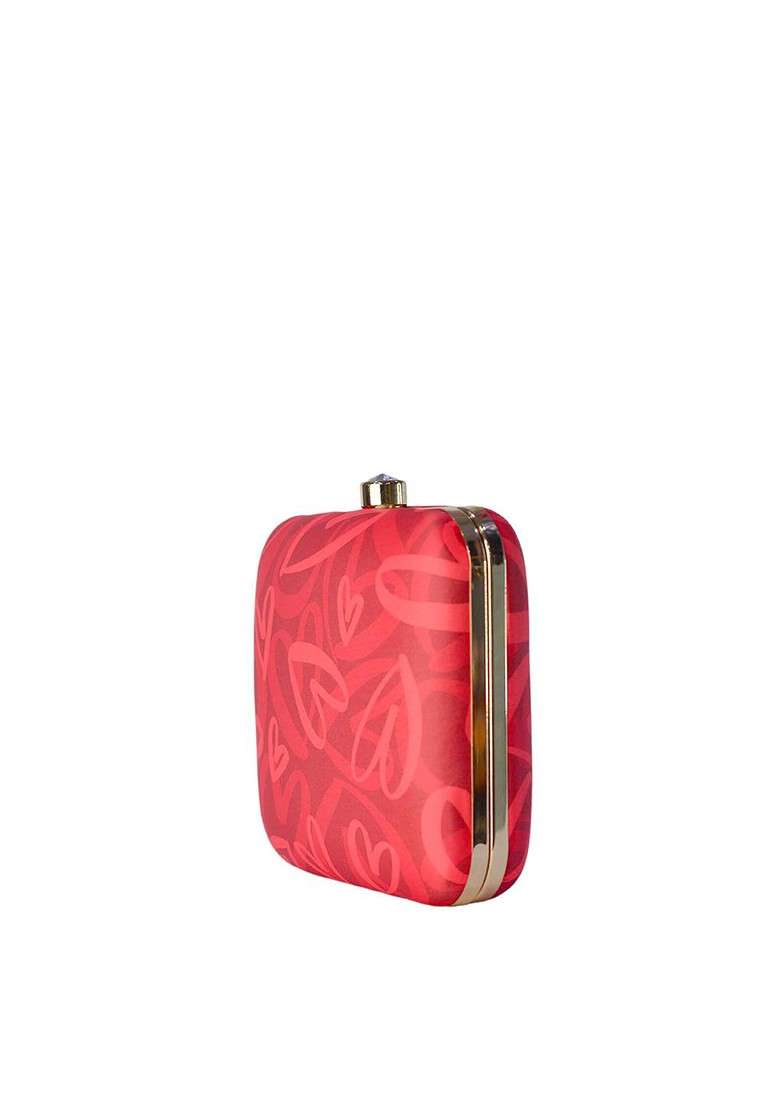 Red Fabric Red Printed Box Clutch - Indya