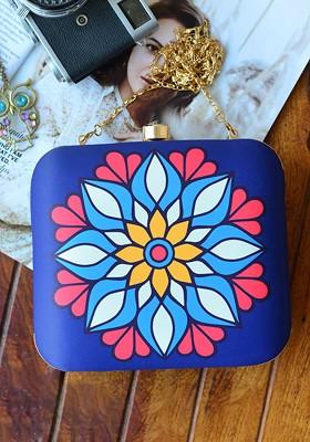 Blue Fabric Blue And White Printed Box Clutch