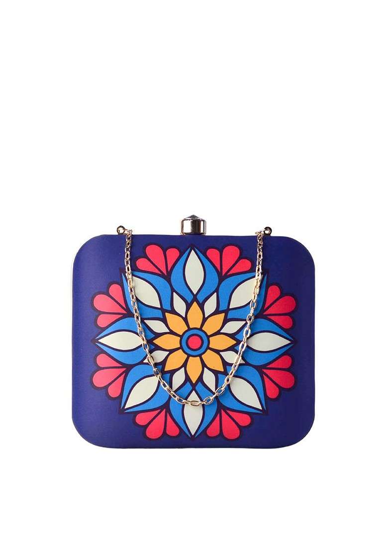 Blue Fabric Blue And White Printed Box Clutch - Indya