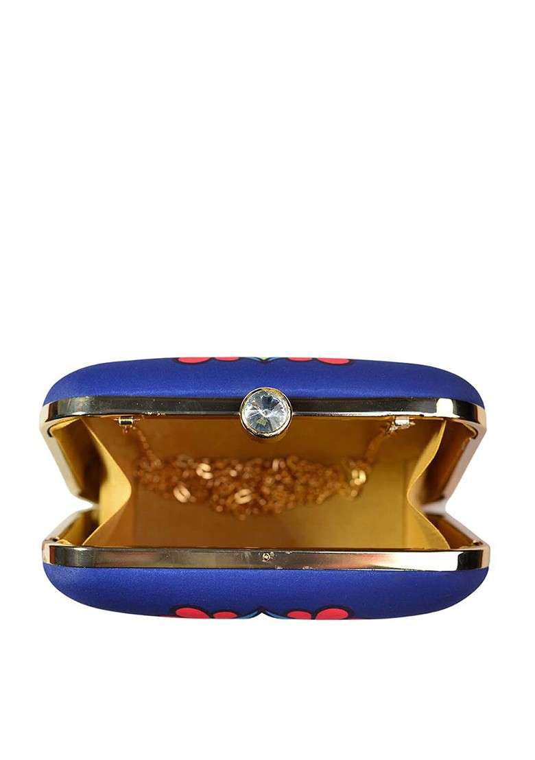 Blue Fabric Blue And White Printed Box Clutch - Indya