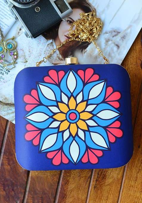 Blue Fabric Blue And White Printed Box Clutch