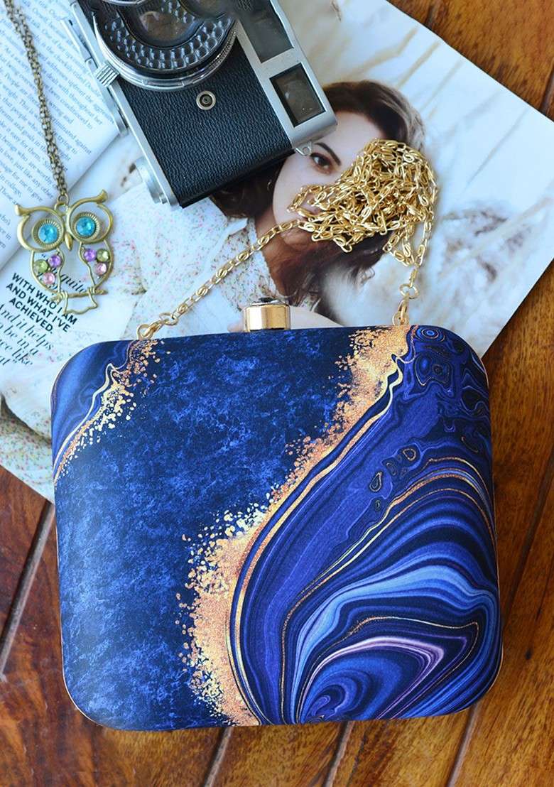 Blue Fabric Blue And Yellow Marble Printed Box Clutch - Indya