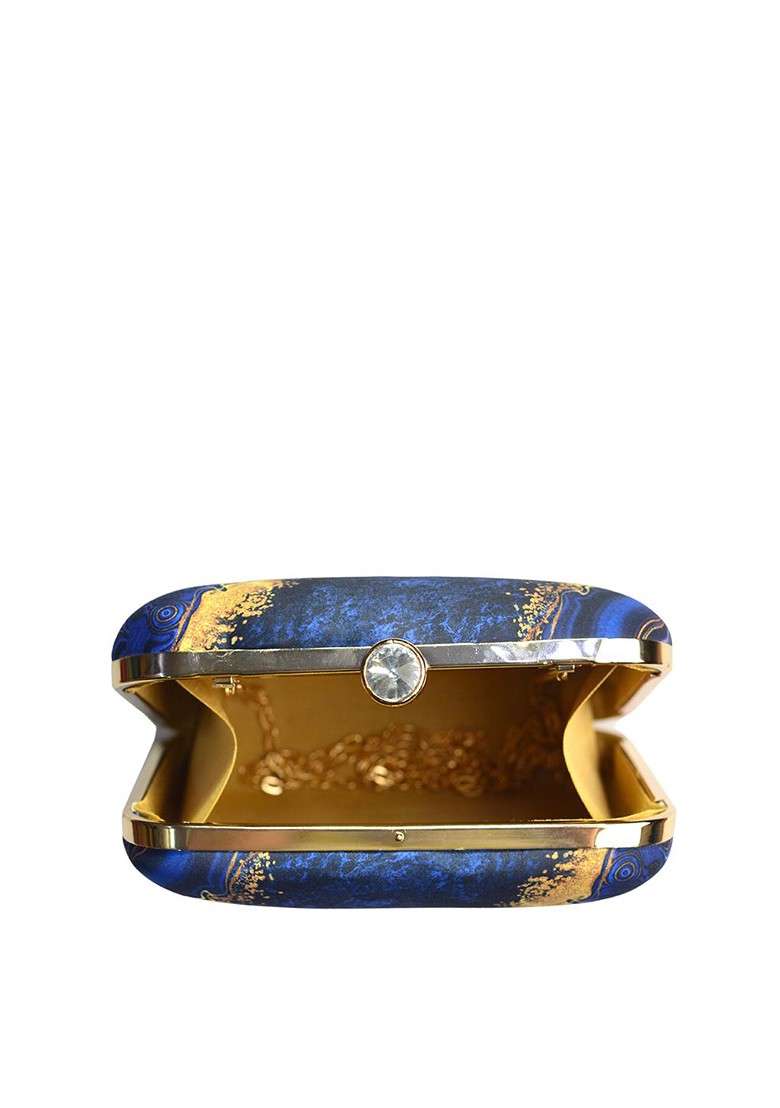 Blue Fabric Blue And Yellow Marble Printed Box Clutch - Indya