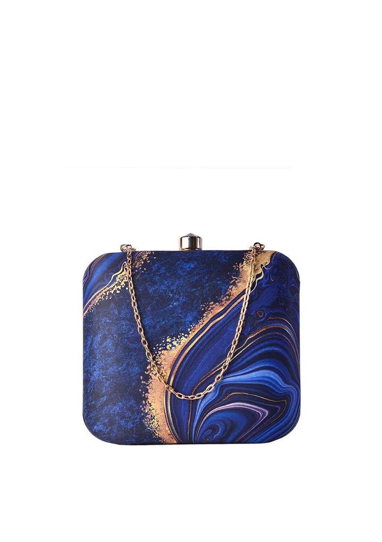 Blue Fabric Blue And Yellow Marble Printed Box Clutch - Indya
