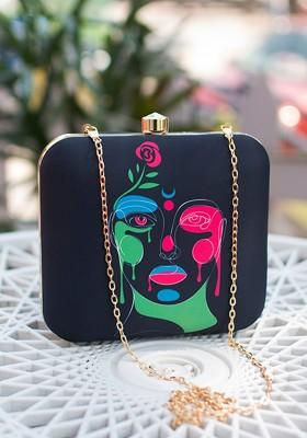 Navy Blue Fabric Navy Blue And Pink Printed Box Clutch