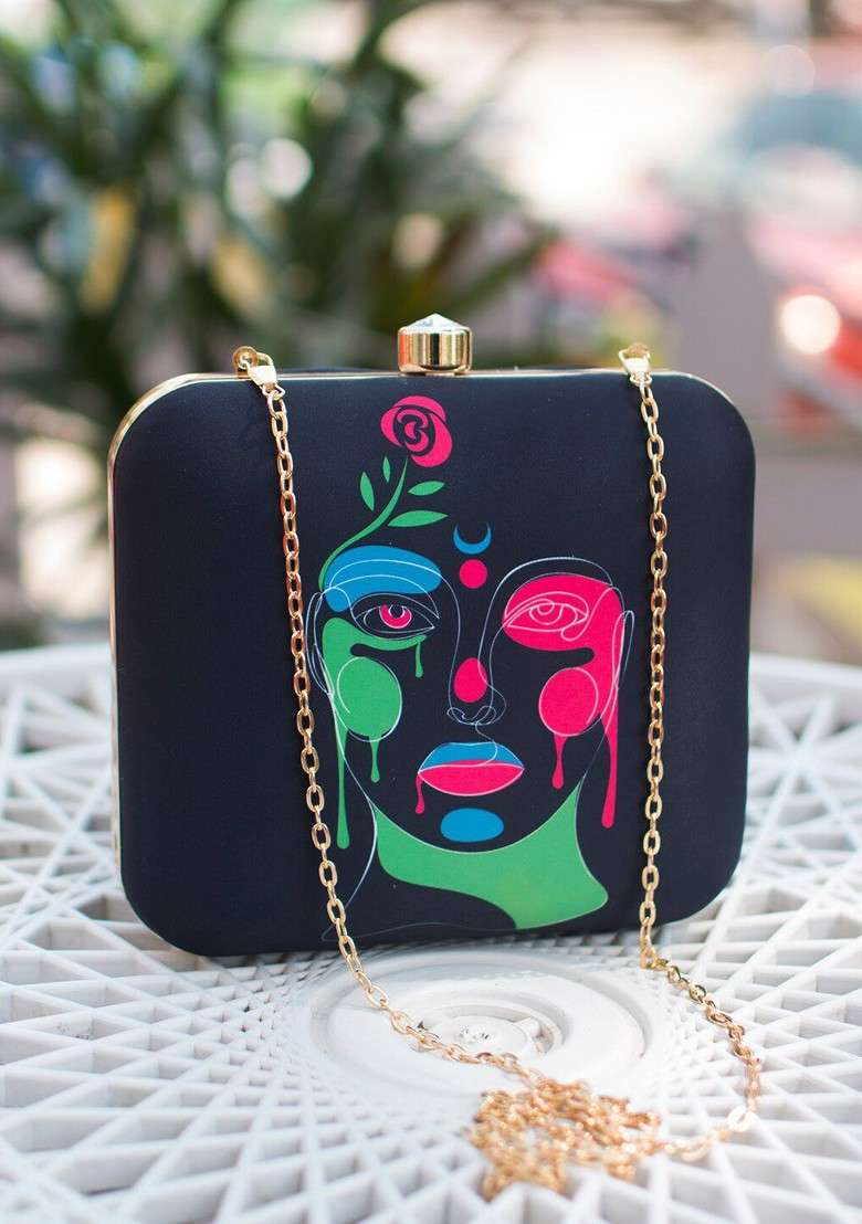 Navy Blue Fabric Navy Blue And Pink Printed Box Clutch - Indya