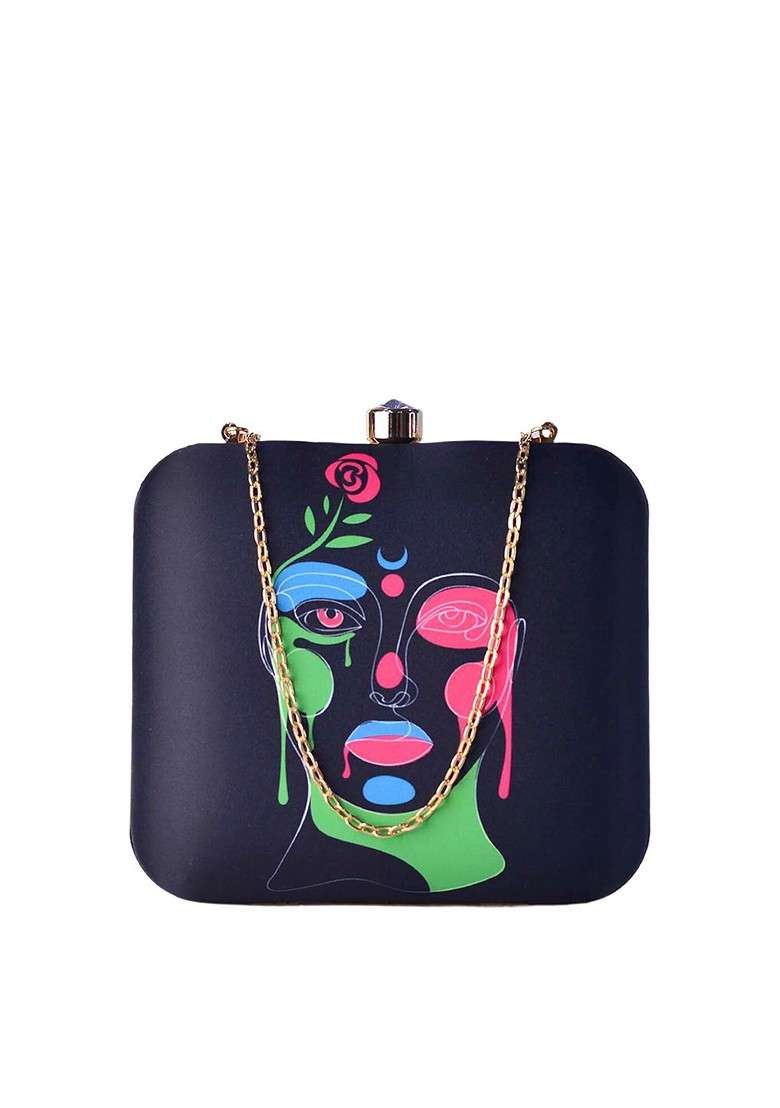 Navy Blue Fabric Navy Blue And Pink Printed Box Clutch - Indya