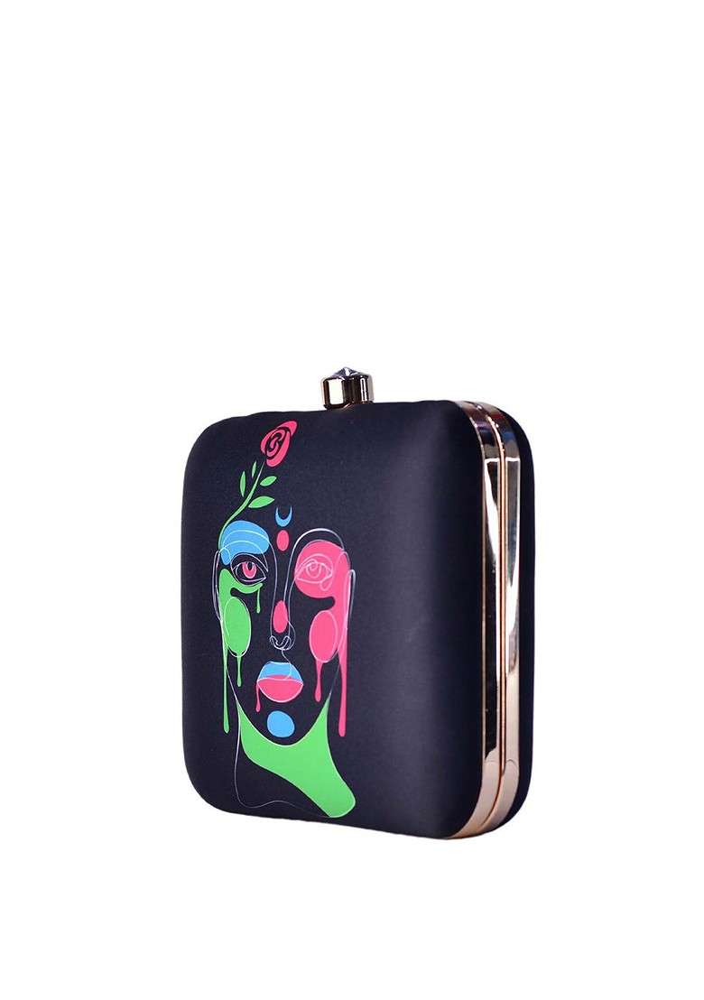 Navy Blue Fabric Navy Blue And Pink Printed Box Clutch - Indya