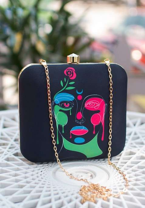 Navy Blue Fabric Navy Blue And Pink Printed Box Clutch