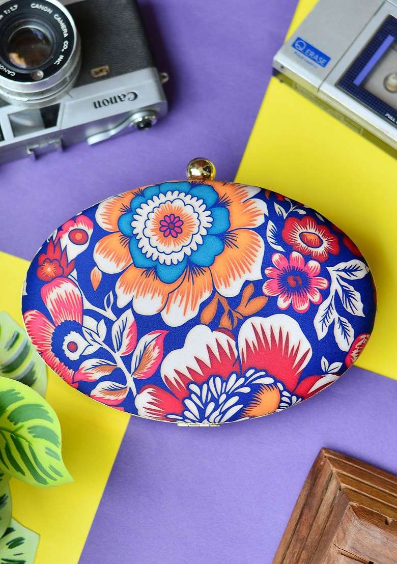 Blue Fabric Blue And Orange Printed Box Clutch - Indya