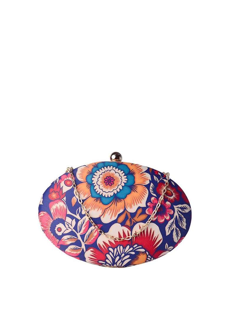 Blue Fabric Blue And Orange Printed Box Clutch - Indya