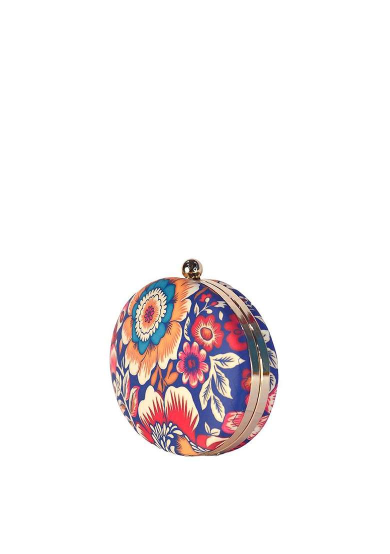 Blue Fabric Blue And Orange Printed Box Clutch - Indya