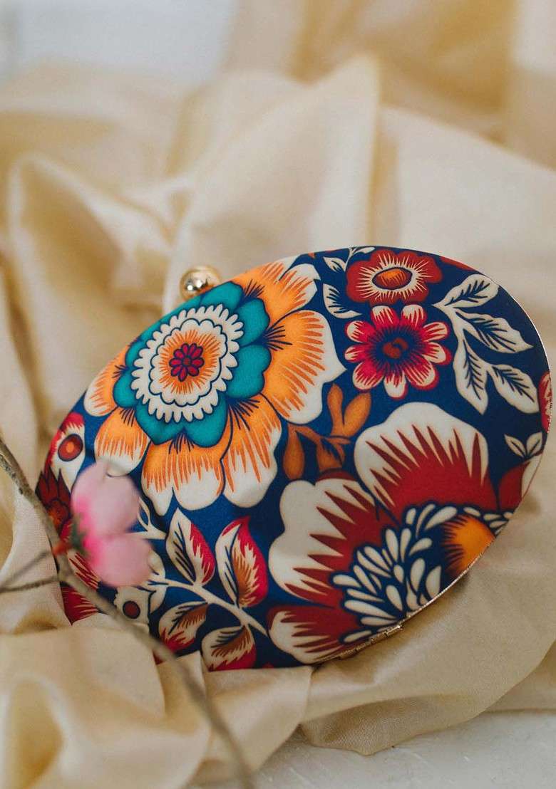 Blue Fabric Blue And Orange Printed Box Clutch - Indya