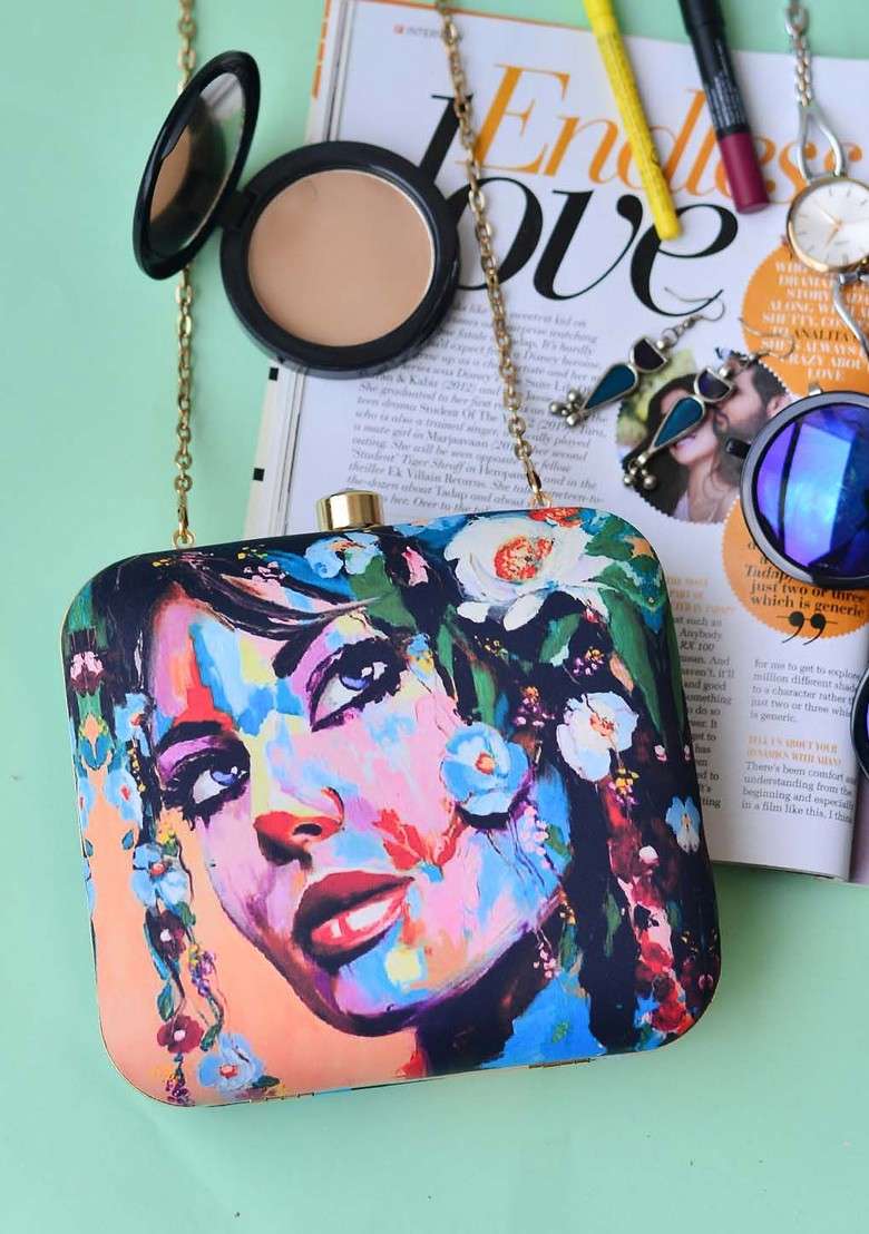 Multi Fabric Women Multicoloured Printed Box Clutch - Indya