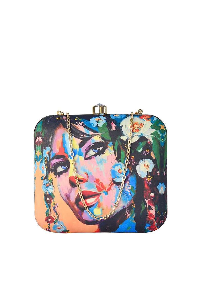 Multi Fabric Women Multicoloured Printed Box Clutch - Indya