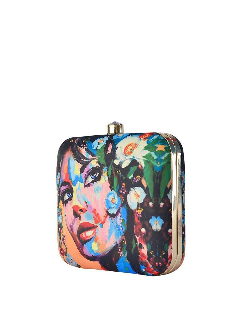 Multi Fabric Women Multicoloured Printed Box Clutch - Indya