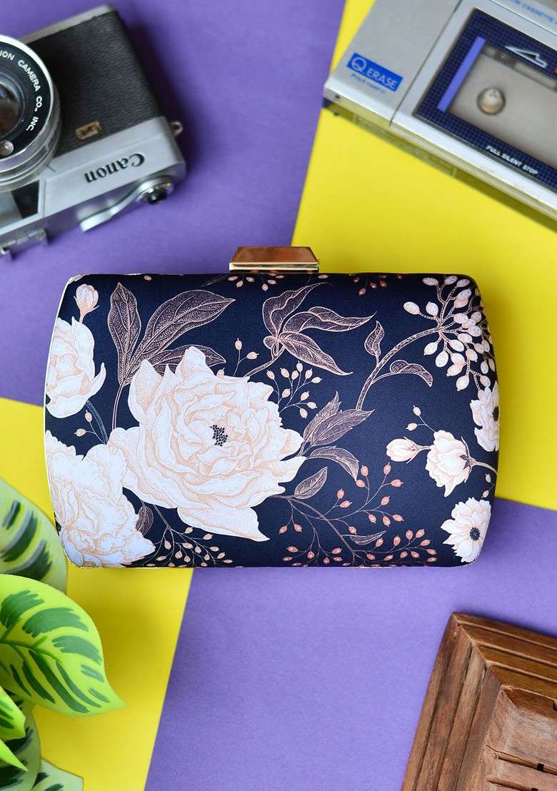 Navy Blue Fabric Navy Blue And Peach Coloured Printed Box Clutch - Indya