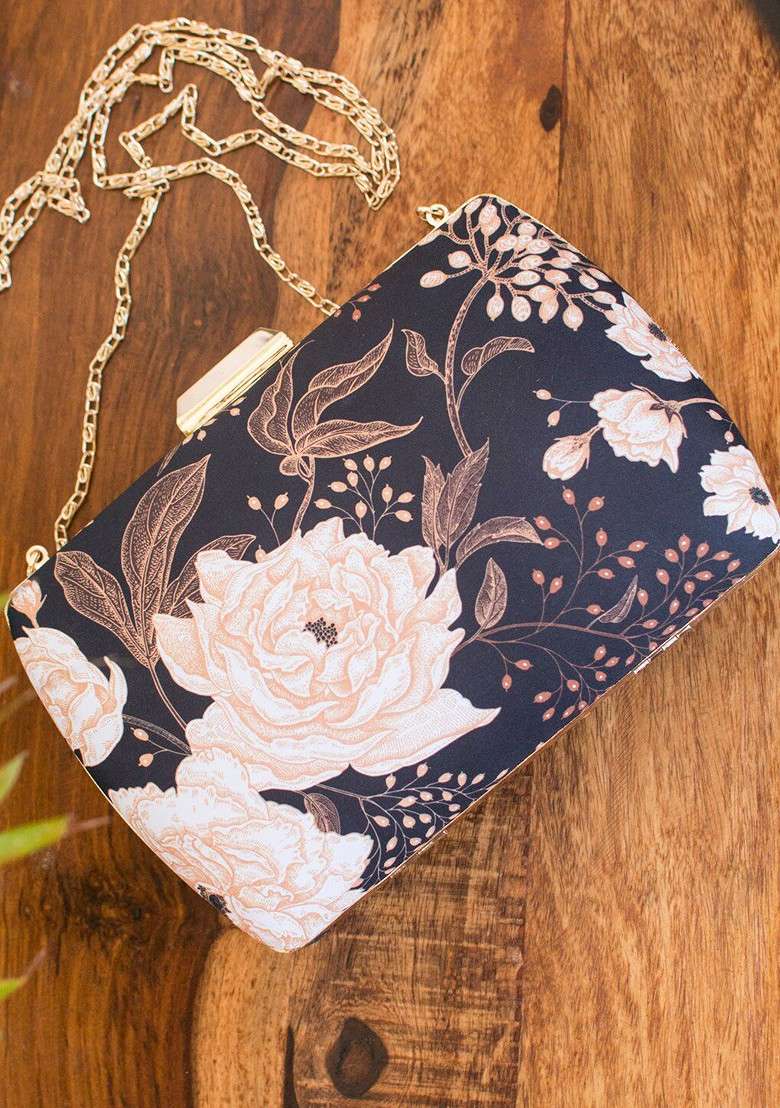 Navy Blue Fabric Navy Blue And Peach Coloured Printed Box Clutch - Indya
